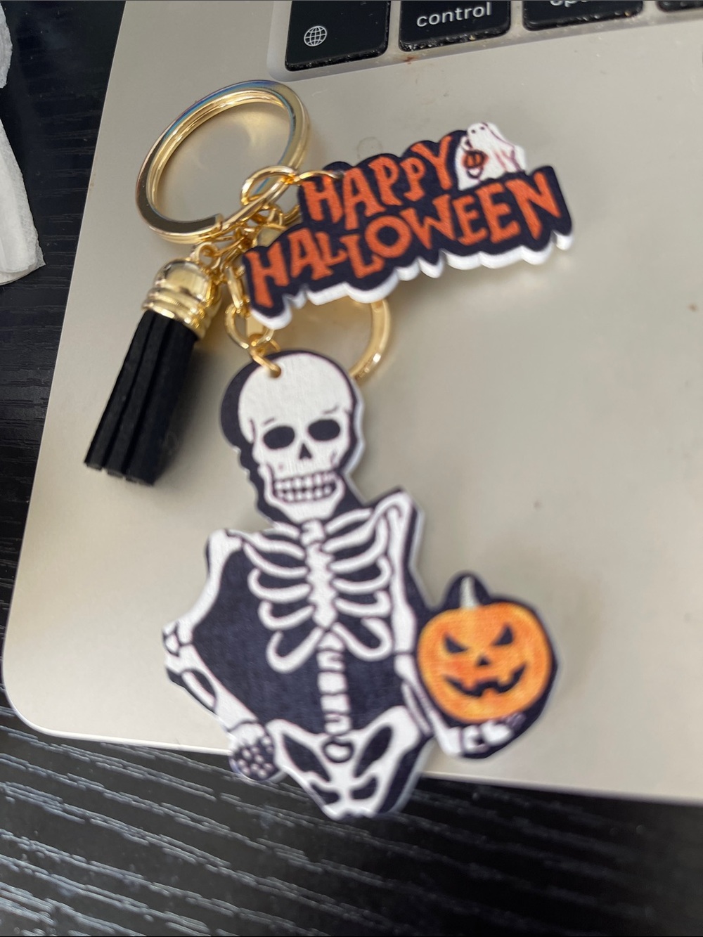 Halloween Skeleton & Pumpkin Keychain with Black Tassel - Happy Halloween
